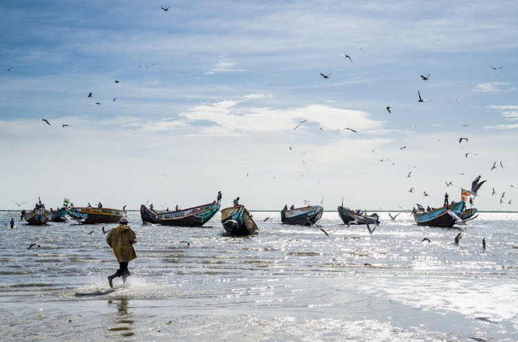 Local fishing boats sit off the shore with man running past