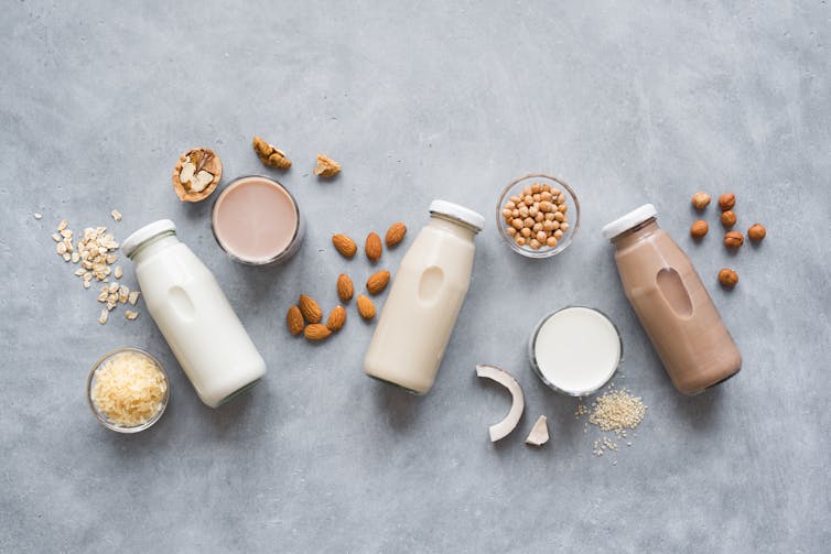 Plant-based milks, including almond, hazelnut, and coconut.