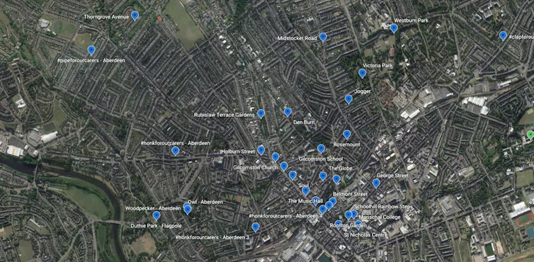 Google map of Aberdeen showing where sounds were recorded around the city.