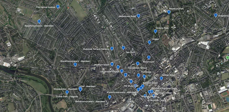 Google map of Aberdeen showing where sounds were recorded around the city.