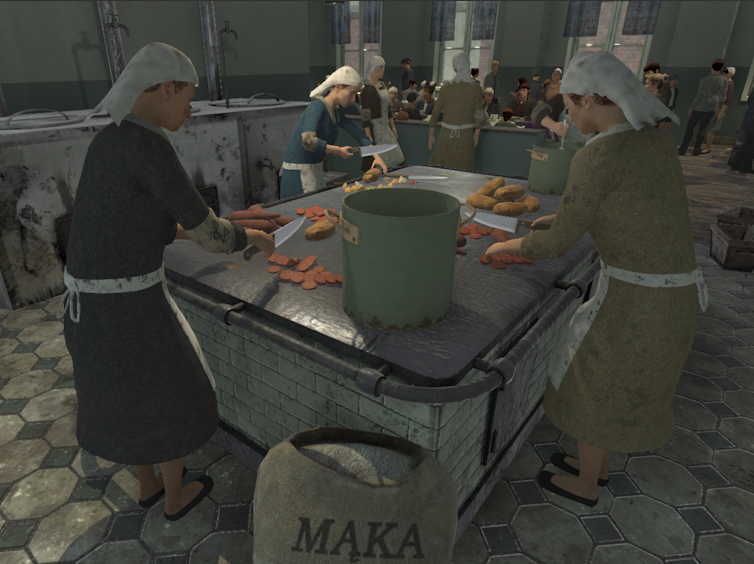 3D models of women make food in a soup kitchen.