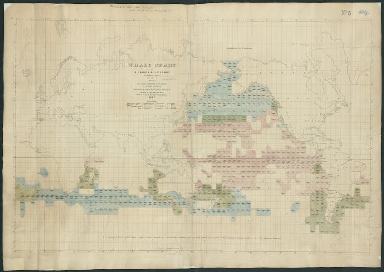 Map of Pacific Ocean showing the annual distribution of whales