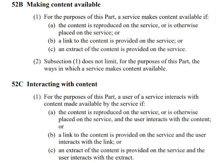 Trecho que mostra a forma como 'Disponibilizar conteúdo' é definido na Emenda das Leis do Tesouro (Código de Negociação Obrigatória da Mídia de Notícias e Plataformas Digitais) Projeto de Lei 2020