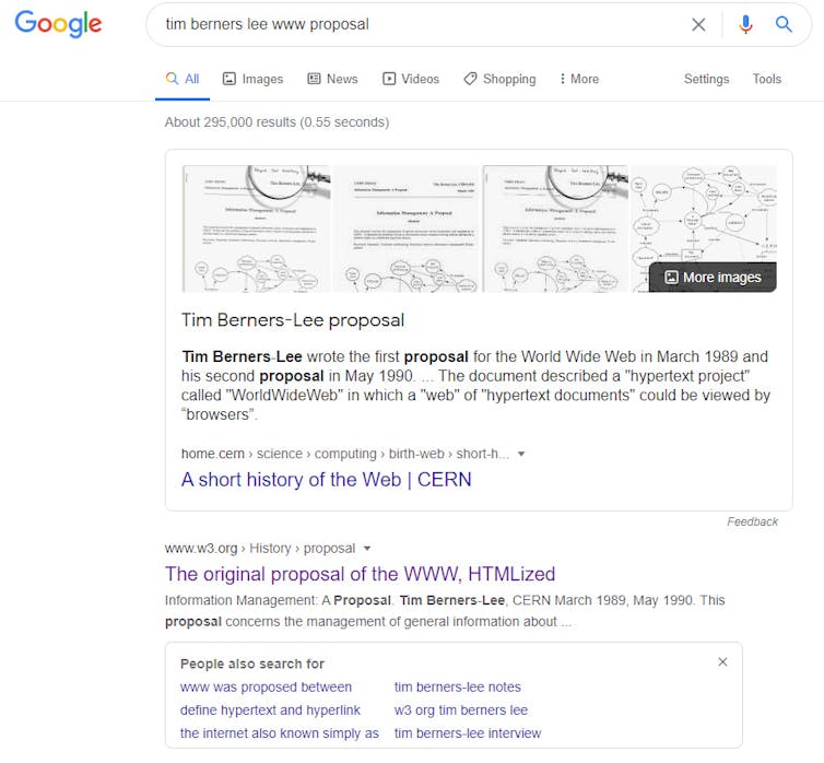 Results page for the Google Search 'tim berners lee www proposal'.