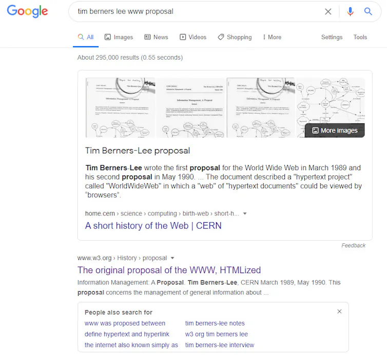 Results page for the Google Search 'tim berners lee www proposal'.