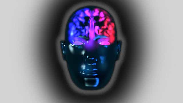 Image of a head with pink and blue brain parts and purple in the middle.