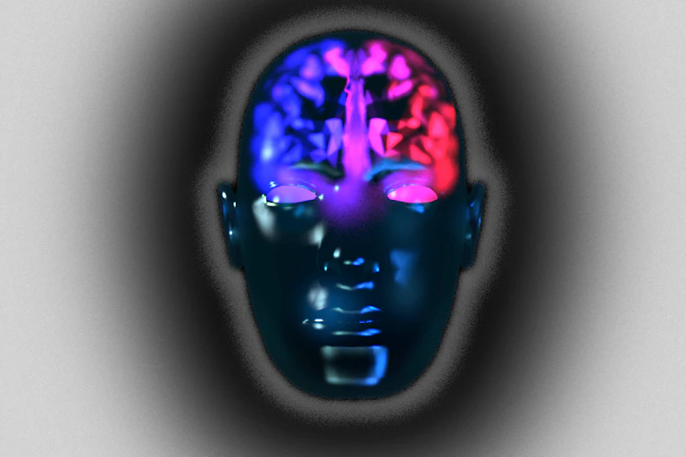 Image of a head with pink and blue brain parts and purple in the middle.