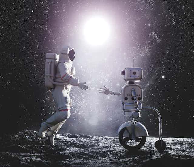 Illustration of an astronaut shaking hands with a robot.