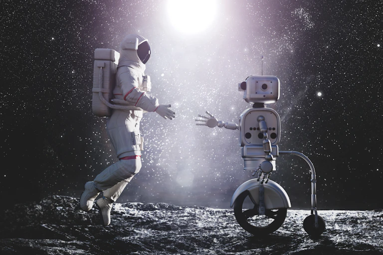 Illustration of an astronaut shaking hands with a robot.