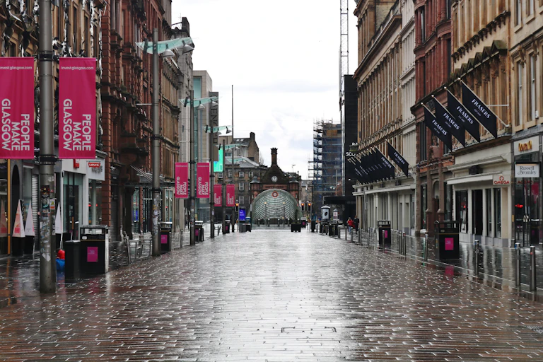 A wet and empty Buchanan Street in Glasgow during lockdown.