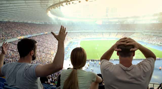 Three fans watching a football match.