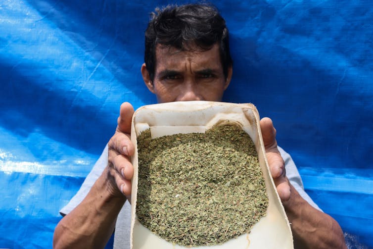 A man holds a container of ground kratom.