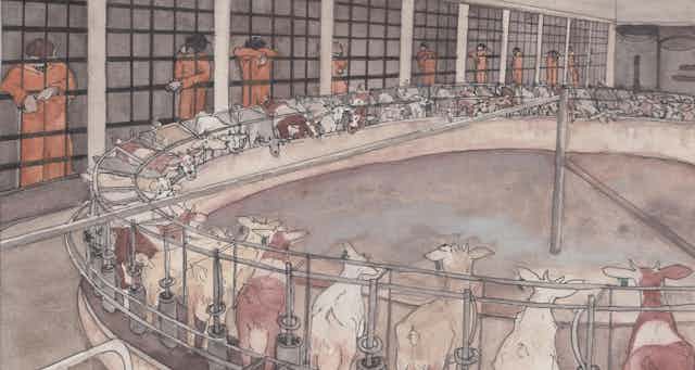 A watercolour of goats in prison surrounded by inmates in orange prison jumpers behind bars.