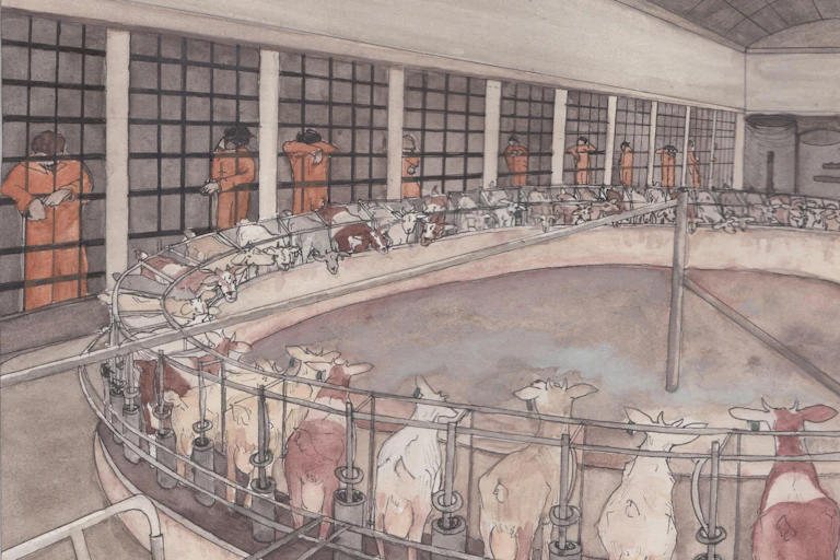 A watercolour of goats in prison surrounded by inmates in orange prison jumpers behind bars.