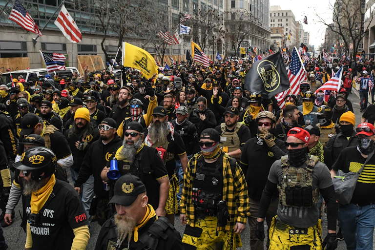 Large group of protesters carrying flags march down a street