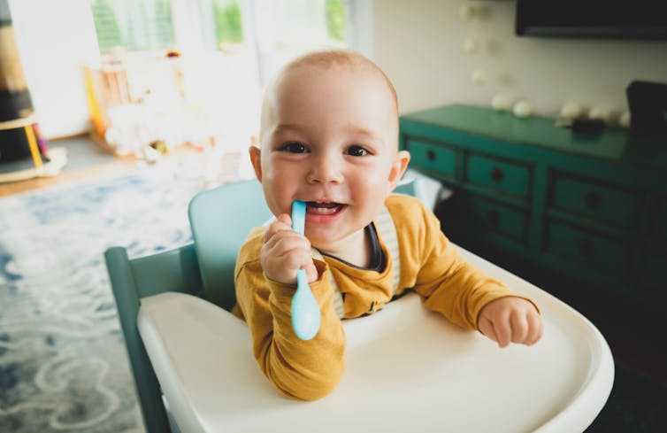 A smiling baby in a high chair chewing on a toothbrush.