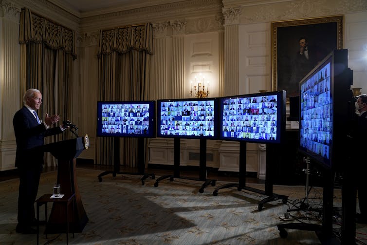 US President Joe Biden swears in political appointees in a virtual ceremony on January 20 2021.