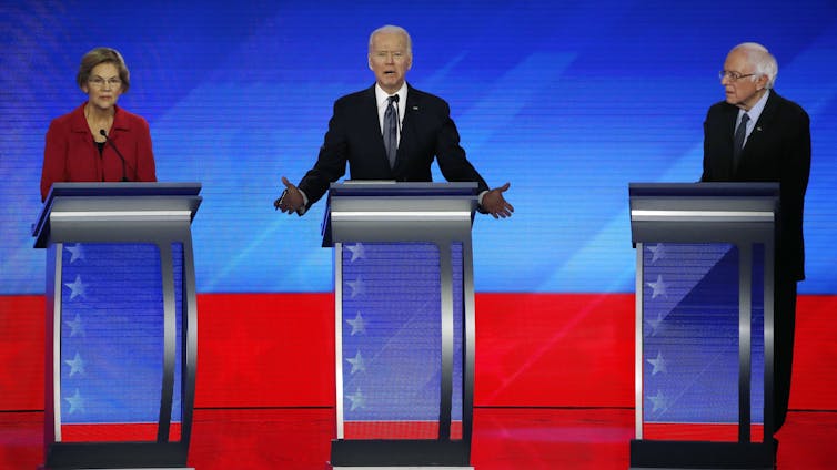 Elizabeth Warren, Joe Biden and Bernie Sanders in the Democratic Party presidential primary debate held on February 7 2020.