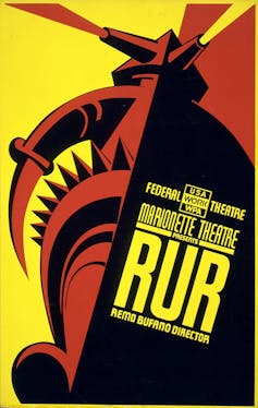 Striking red and yellow poster reading 'RUR'.