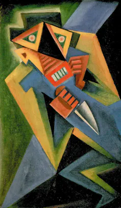 Blue, yellow, black, green cubist painting.