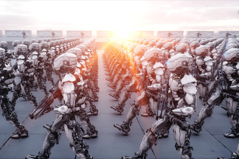 Hundreds of robots holding guns marching.