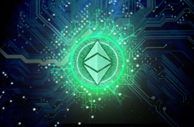 The ethereum logo glowing green on a circuit