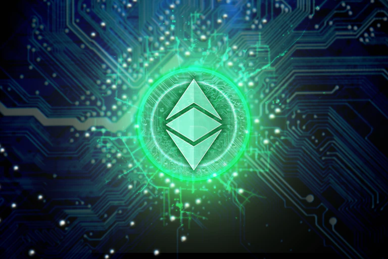 The ethereum logo glowing green on a circuit