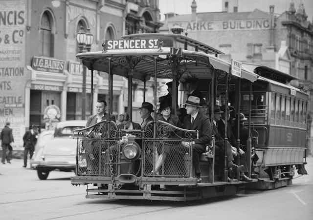Office workers on tram in 1940