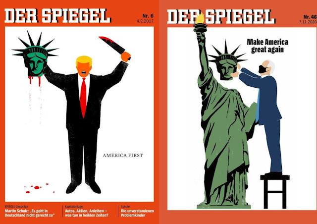 Covers of German news magazine, Der Spiegel, showing Trump's inaurugation in 2017 and Biden's in 2021.