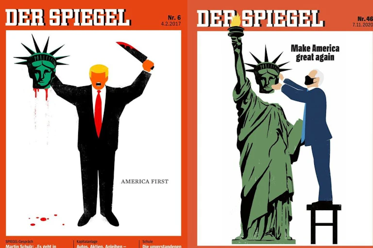 Covers of German news magazine, Der Spiegel, showing Trump's inaurugation in 2017 and Biden's in 2021.