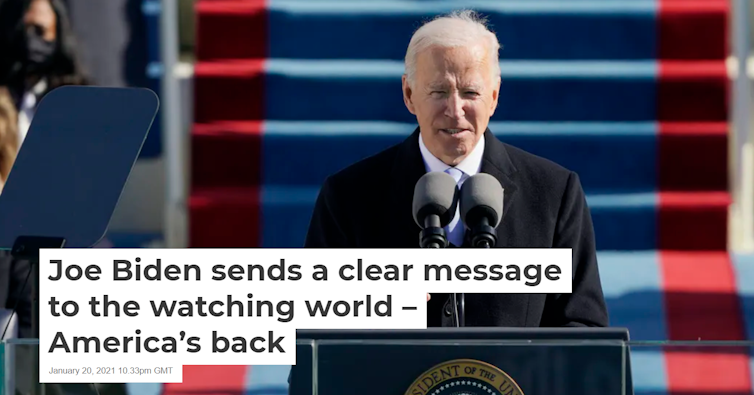Screenshot of headline and picture from The Conversation, featuring Joe Biden making his inauguration speech.