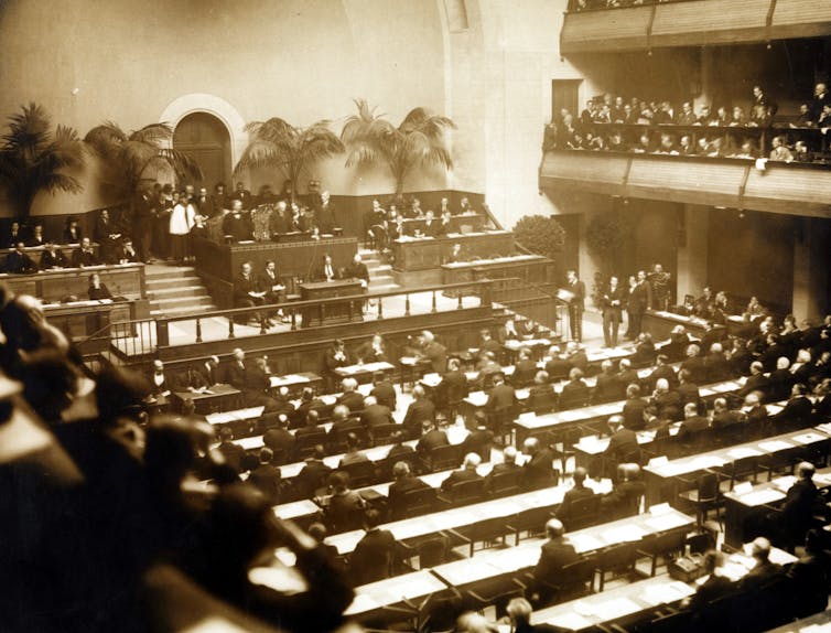 First meeting of Assembly of the League of Nations in November 1920.