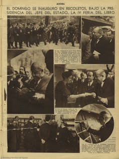 Inauguracion de la IV Feria del Libro de Madrid el domingo 24 de mayo de 1936. Reportaje gráfico del diario Ahora del martes 26 de mayo de 1936 firmado por Contreras y Vilaseca. BNE - Hemeroteca Digital