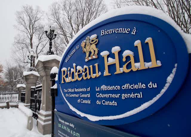 The sign to Rideau Hall in Ottawa is covered in a new dusting of snow