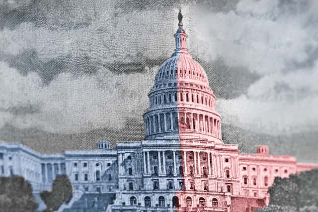 Sketch of US Capitol, divided into red and blue