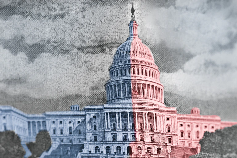 Sketch of US Capitol, divided into red and blue