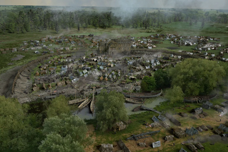 Computer-generated impression of the viking camp at Repton, England.