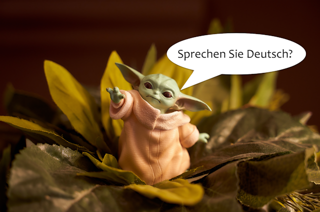 un baby yoda con un bocadillo de cómic en el que pregunta si habla alemán.