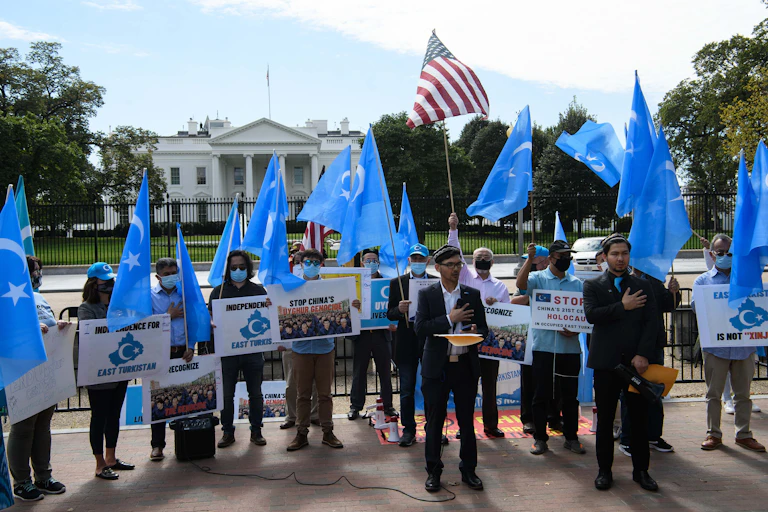 protesters with flags outside White House
