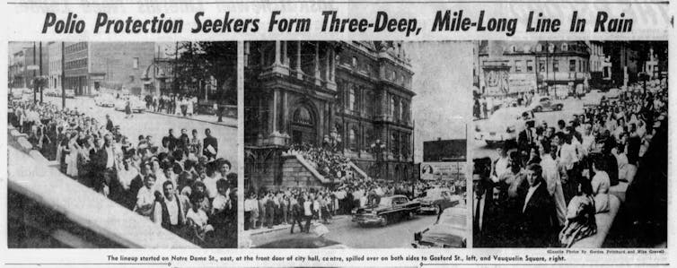 Three newspaper photos showing people lining up