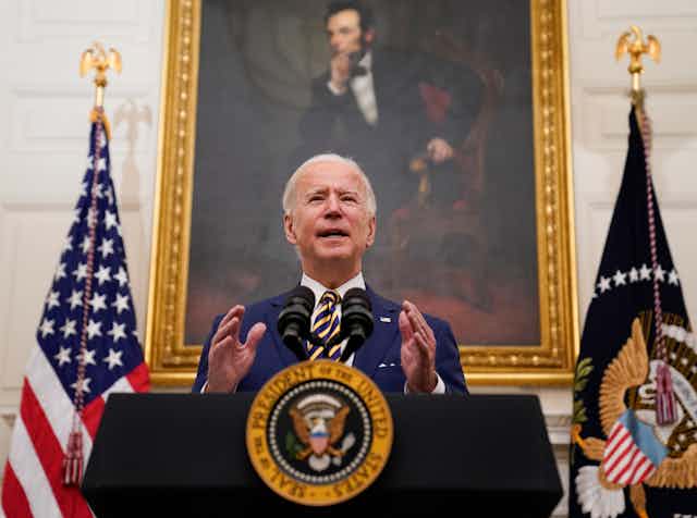 President Joe Biden gives a speech about the economy in the State Dining Room of the White House on Jan. 22.