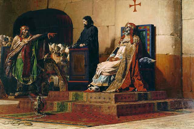 Painting of medieval ecclesiastical trial of Formosus, a corpse dressed in papal robes.