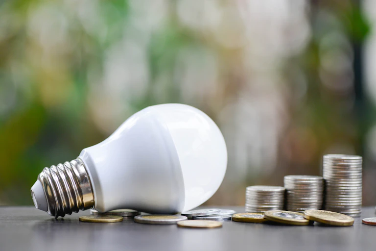 A LED light bulb next to a stack of coins.