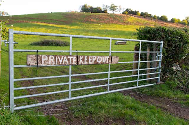 A gate in the countryside reads 'Private - keep out'.
