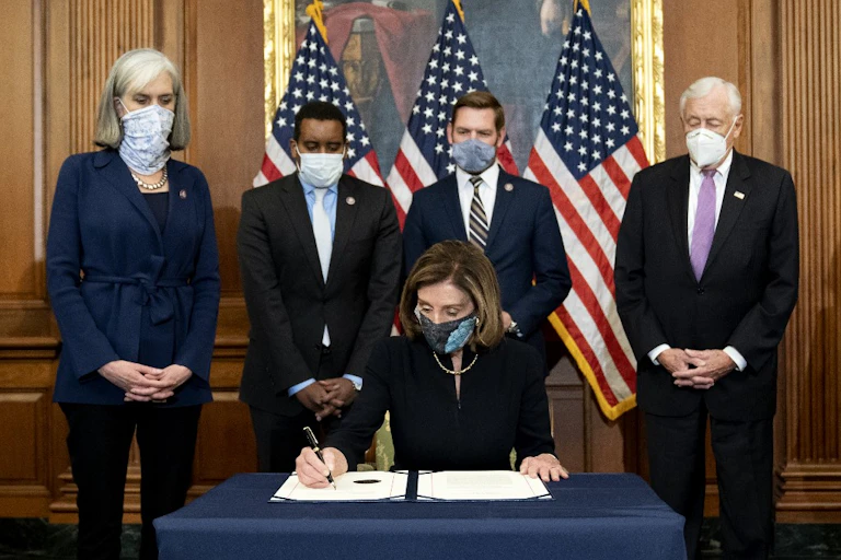 House Speaker Nancy Pelosi signs Donald Trump's indictment.