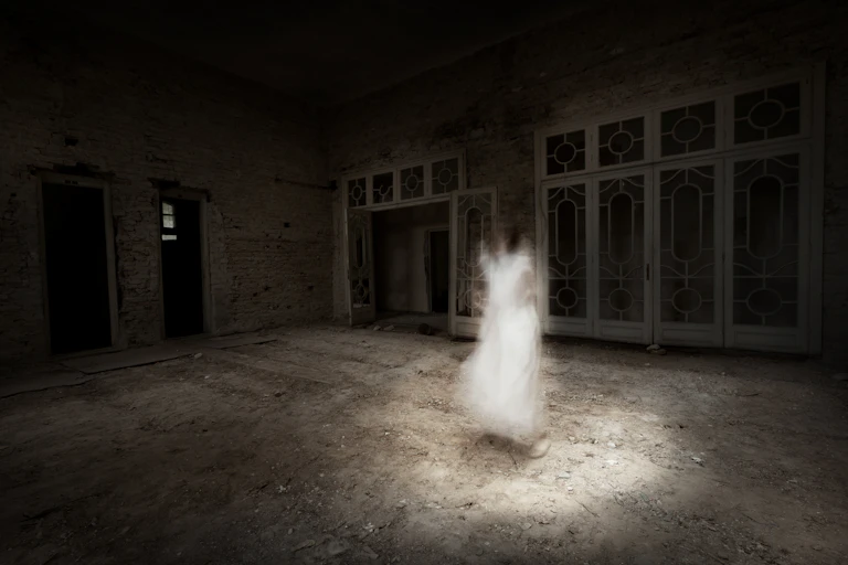 A ghostly figure of a girl in a dark room with rubble on the floor