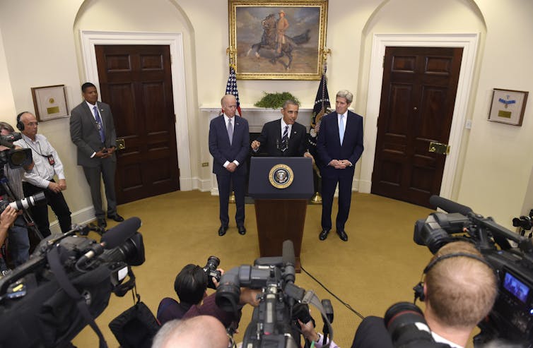A news conference in the Roosevelt Room of the White House
