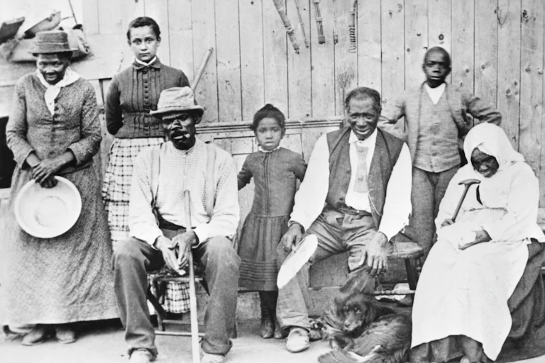 Harriet Tubman poses with a group of Black adults and children who she helped free from slavery.