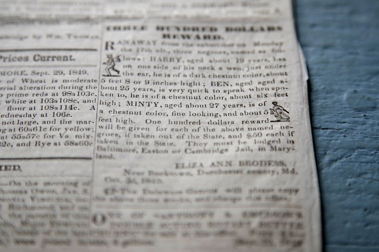 A runaway slave newspaper offers a reward for the return of Harriet Tubman and her brothers.