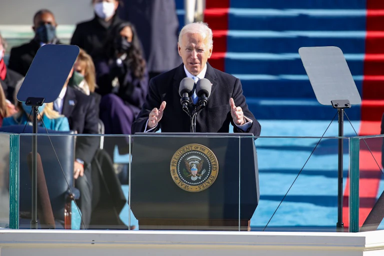 Joe Biden pendant son discours d'investiture le 20 janvier 2021 à Washington.
